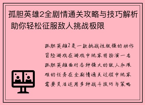 孤胆英雄2全剧情通关攻略与技巧解析 助你轻松征服敌人挑战极限